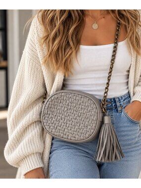 Anthropologie Gray Woven Crossbody Bag With Chain Strap & Tassel Accent
